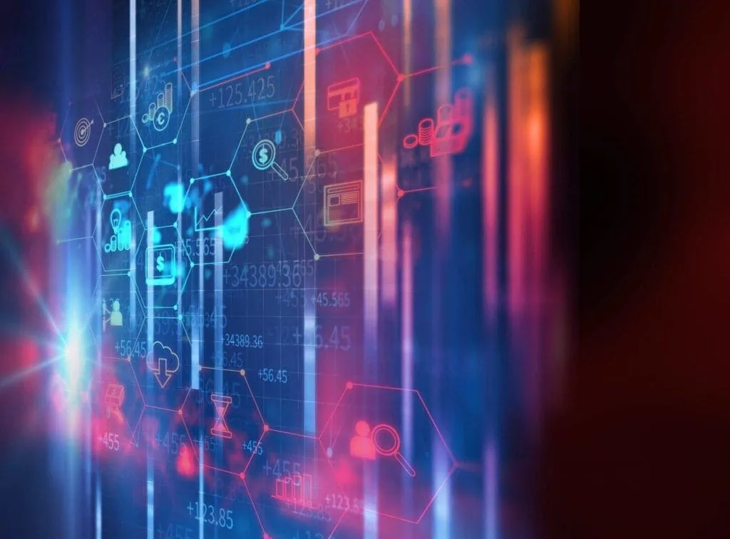 Data analytics and financial technology hologram visualization.