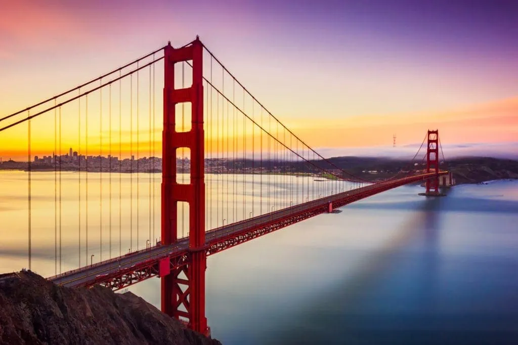 Iconic Golden Gate Bridge at sunset, San Francisco skyline in background.