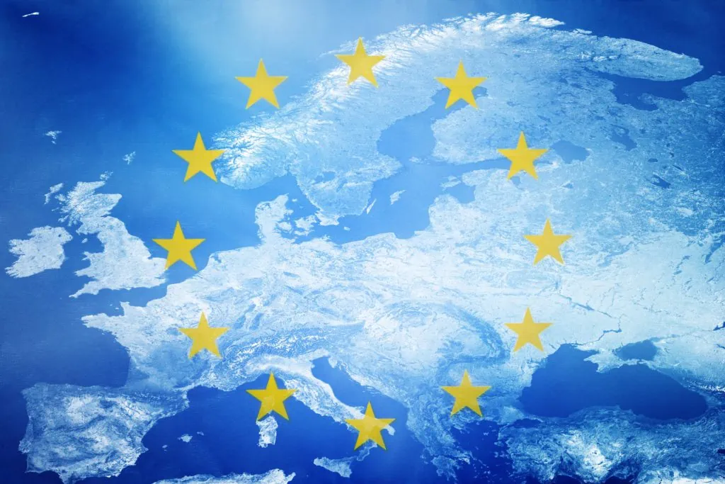 European Union map with EU flag stars overlay.