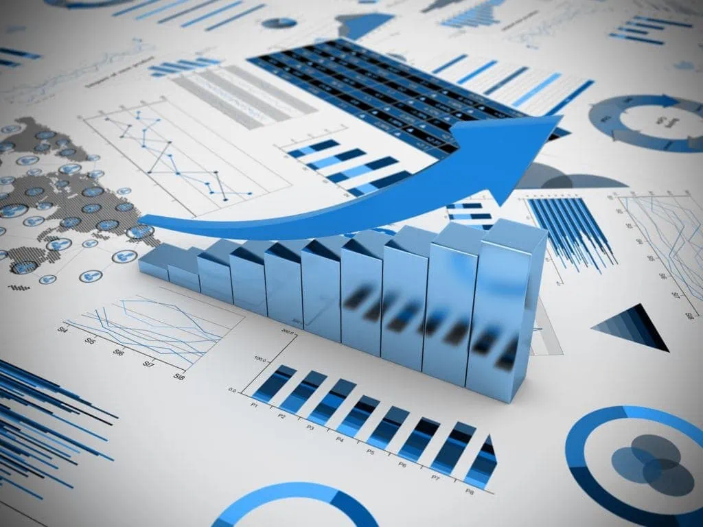 Data analytics and financial growth charts with upward arrow.