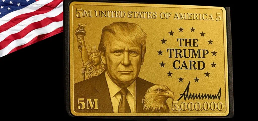 Gold Trump-themed novelty card with American flag background.