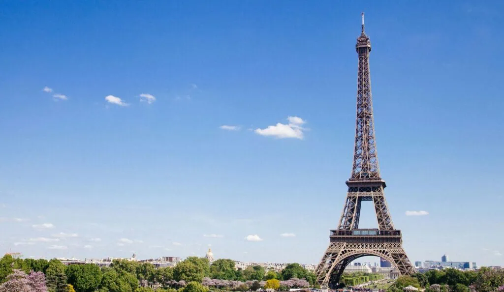 Eiffel Tower in Paris under blue sky with green and pink trees in foreground.
