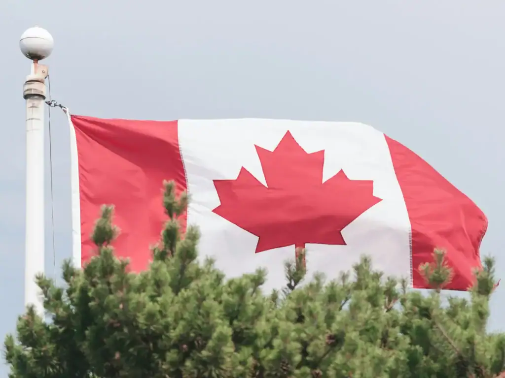 Canadian flag flying outdoors among greenery.
