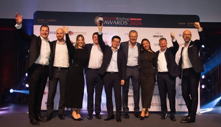 Group of professionals celebrating at WealthBriefing Awards 2026 event.